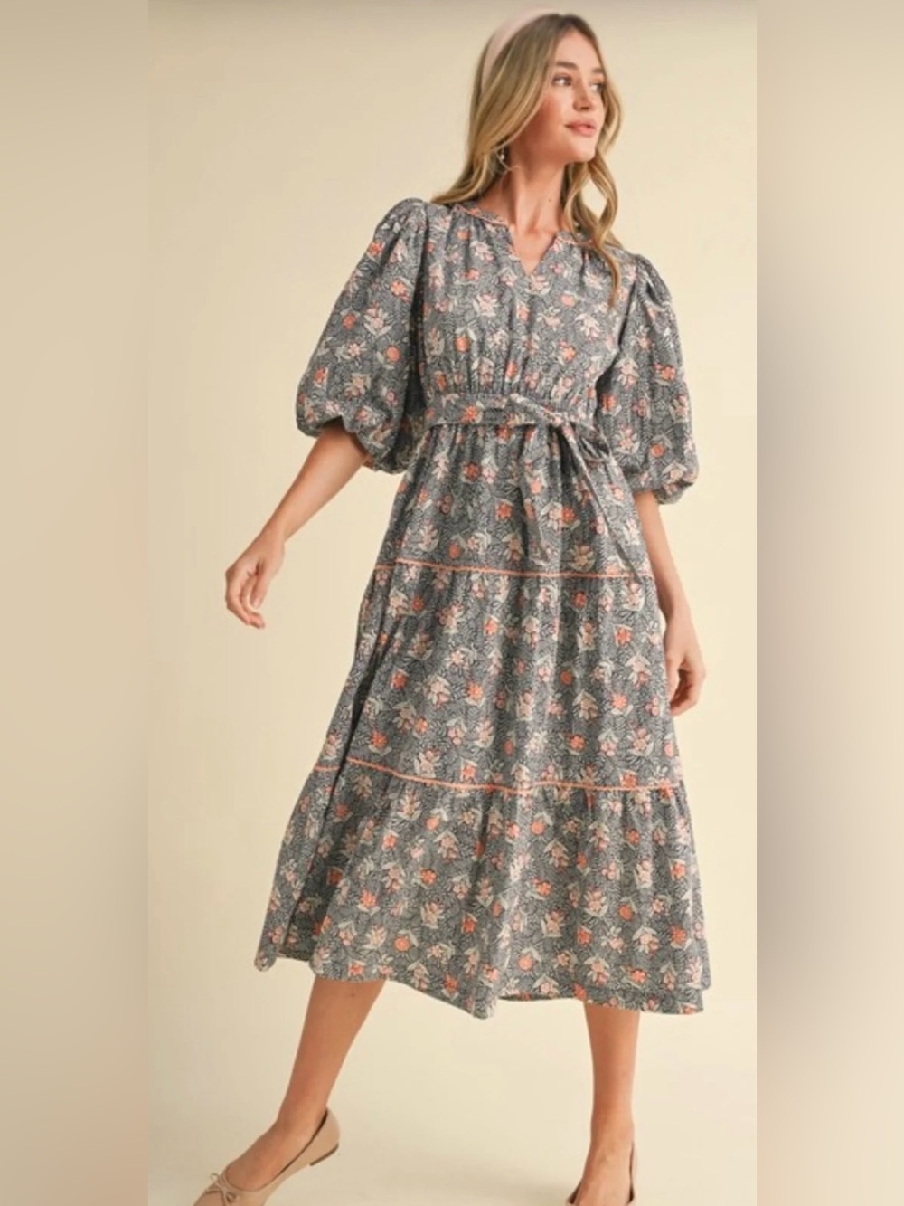&MERCI Floral Bubble Sleeve Lace Trim Tiered Midi Dress Small